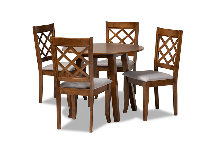 Adara Modern and Contemporary Grey Fabric Upholstered and Walnut Brown Finished Wood 5-Piece Dining Set