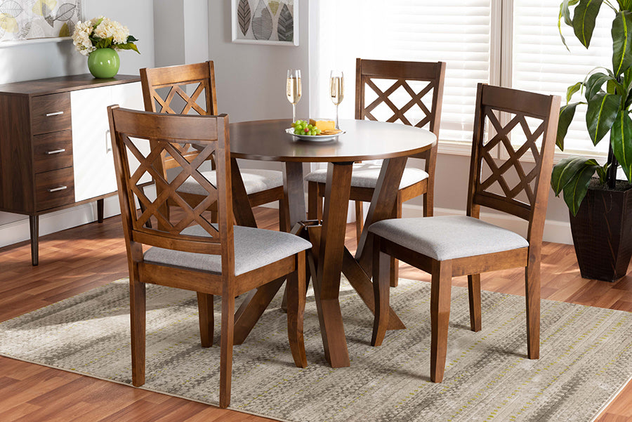 Zoe Modern and Contemporary Grey Fabric Upholstered and Walnut Brown Finished Wood 5-Piece Dining Set