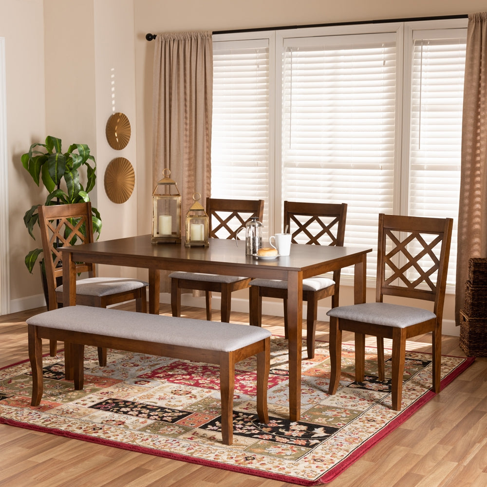 Andor Modern and Contemporary Grey Fabric Upholstered and Walnut Brown Finished Wood 6-Piece Dining Set