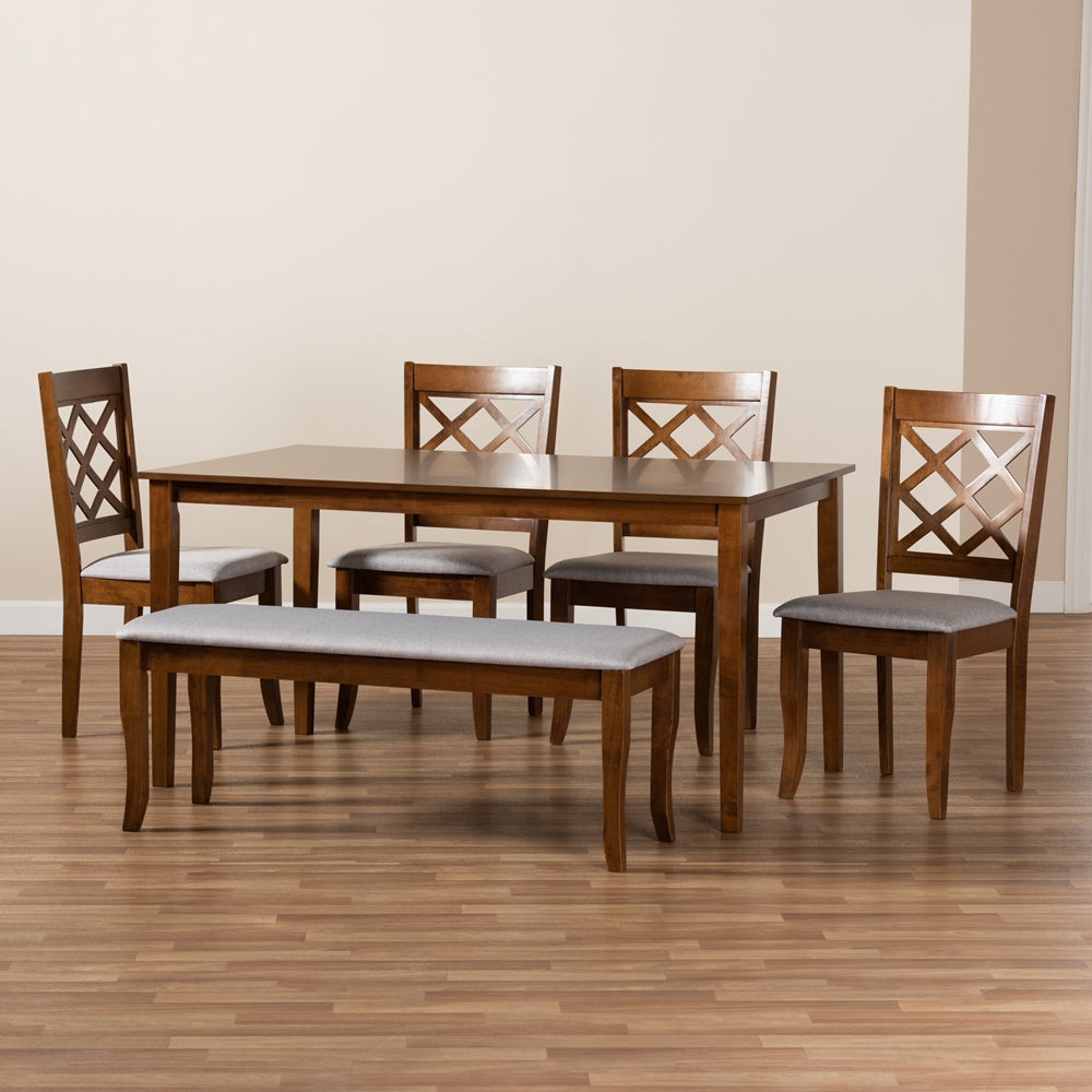 Andor Modern and Contemporary Grey Fabric Upholstered and Walnut Brown Finished Wood 6-Piece Dining Set