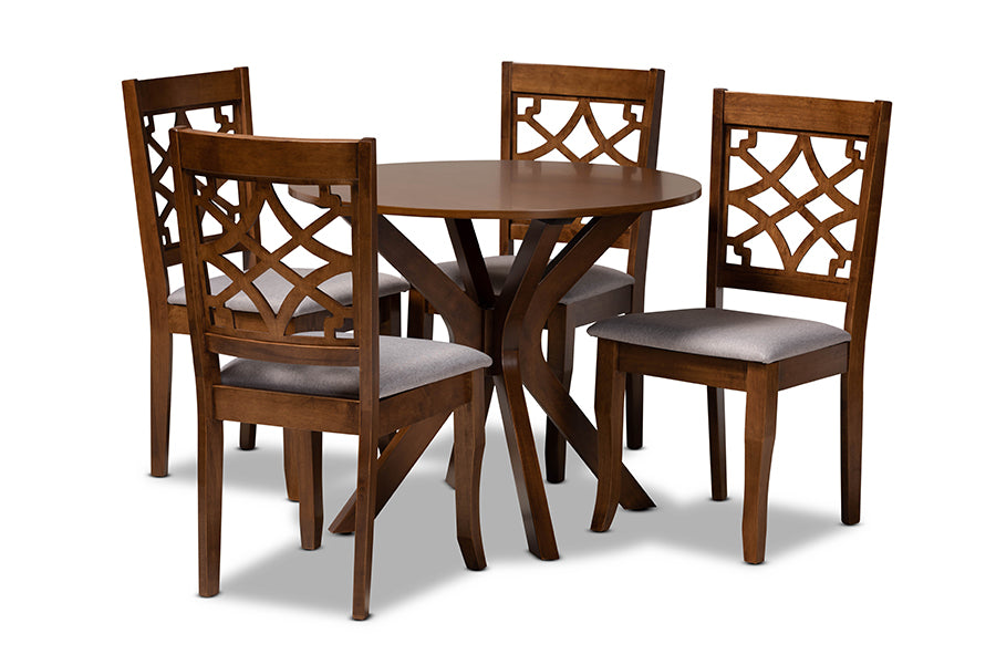 Elena Modern and Contemporary Grey Fabric Upholstered and Walnut Brown Finished Wood 5-Piece Dining Set