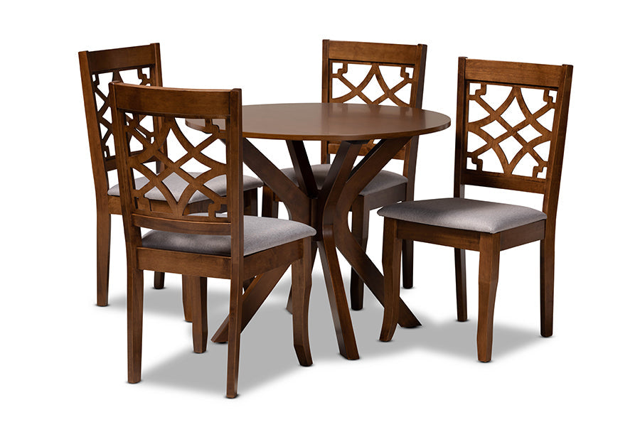 Elena Modern and Contemporary Grey Fabric Upholstered and Walnut Brown Finished Wood 5-Piece Dining Set