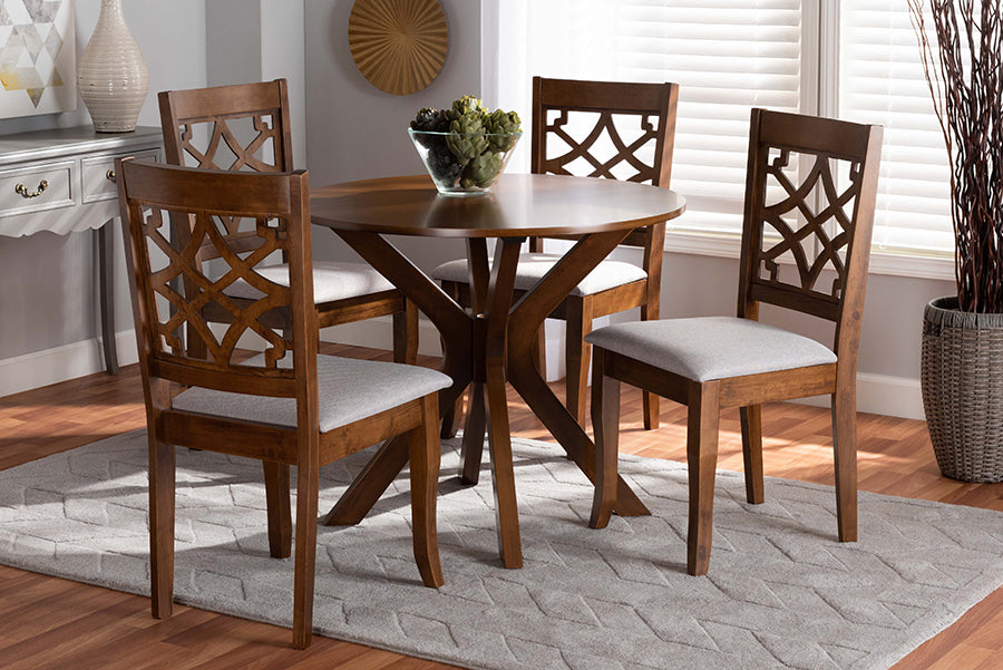 Elena Modern and Contemporary Grey Fabric Upholstered and Walnut Brown Finished Wood 5-Piece Dining Set