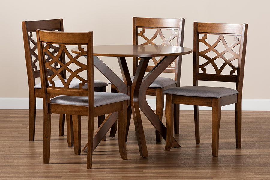Elena Modern and Contemporary Grey Fabric Upholstered and Walnut Brown Finished Wood 5-Piece Dining Set
