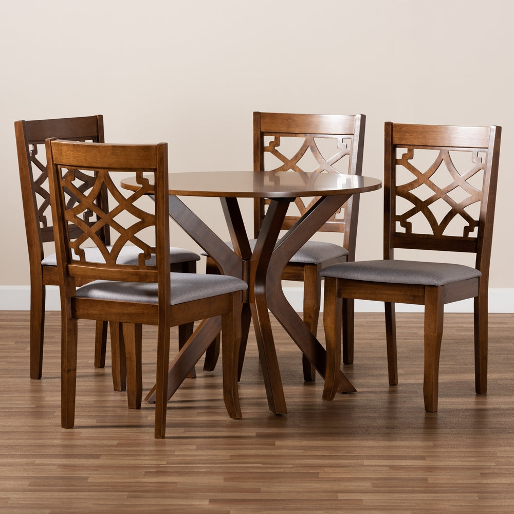 Elena Modern and Contemporary Grey Fabric Upholstered and Walnut Brown Finished Wood 5-Piece Dining Set