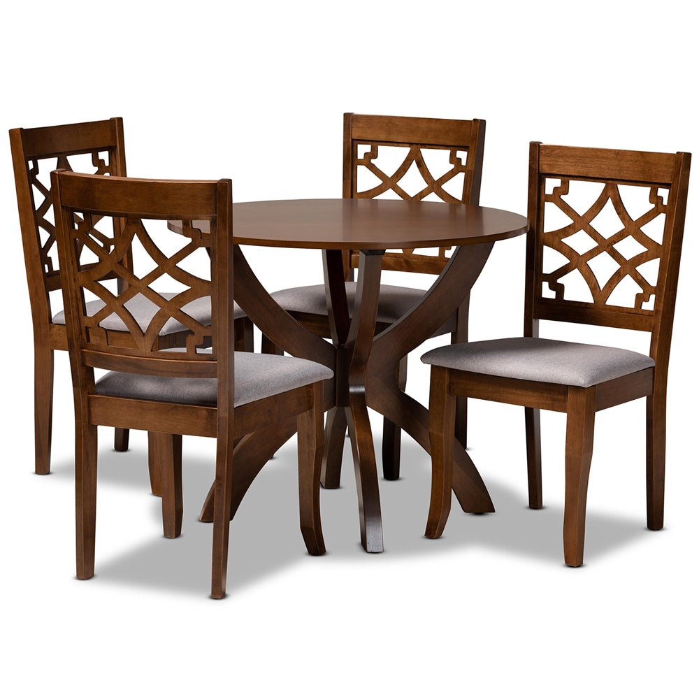 Sandra Modern and Contemporary Grey Fabric Upholstered and Walnut Brown Finished Wood 5-Piece Dining Set