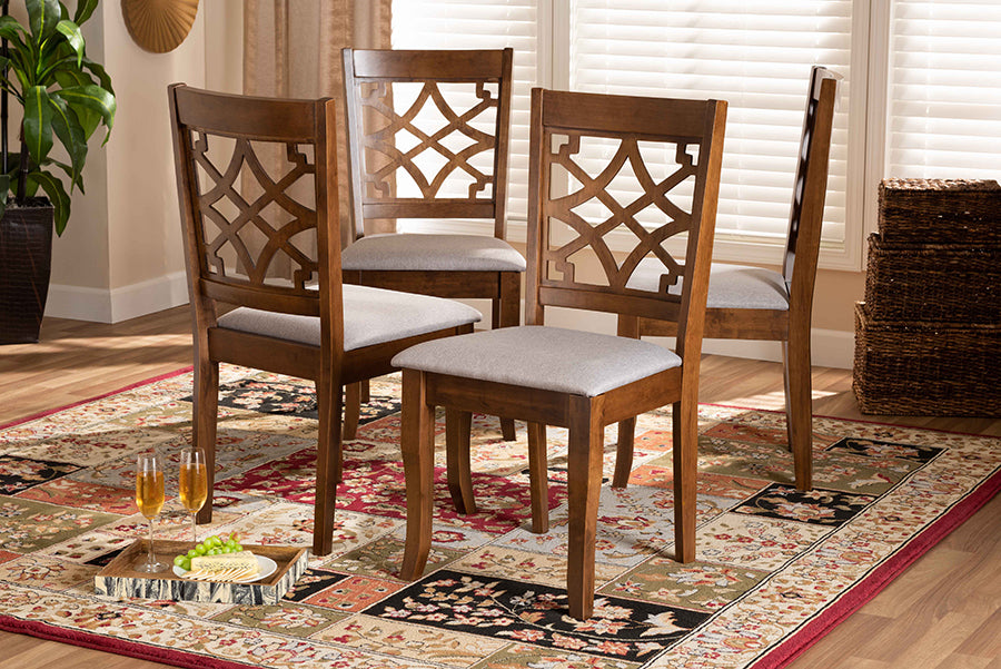 Mael Modern and Contemporary Grey Fabric Upholstered Walnut Brown Finished Wood 4-Piece Dining Chair Set