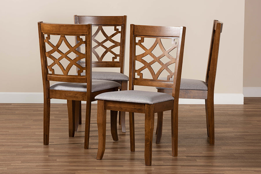 Mael Modern and Contemporary Grey Fabric Upholstered Walnut Brown Finished Wood 4-Piece Dining Chair Set