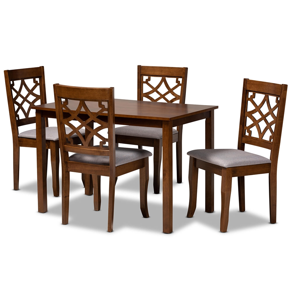 Celina Modern and Contemporary Grey Fabric Upholstered and Walnut Brown Finished Wood 5-Piece Dining Set
