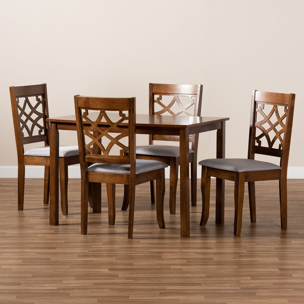 Celina Modern and Contemporary Grey Fabric Upholstered and Walnut Brown Finished Wood 5-Piece Dining Set