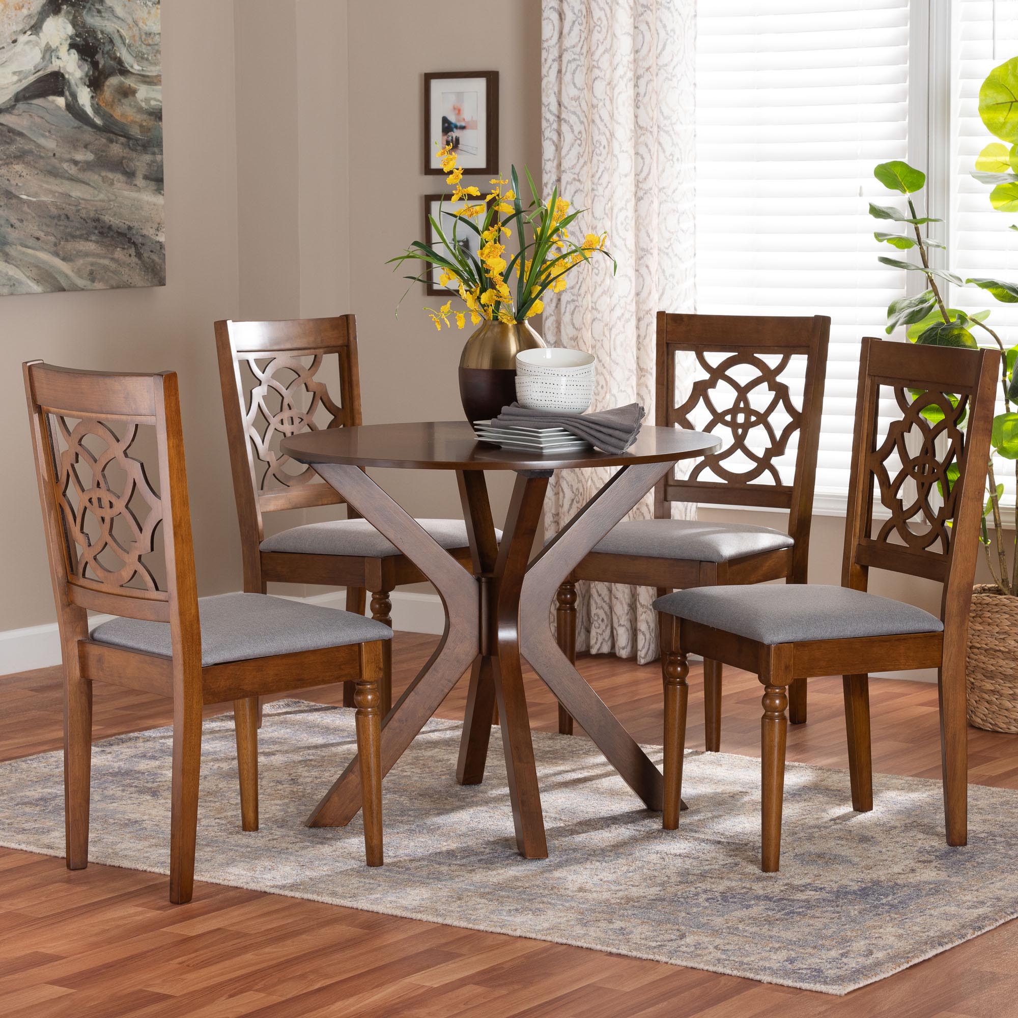 Sadie Modern Grey and Walnut Brown Wood 5-Piece Dining Set