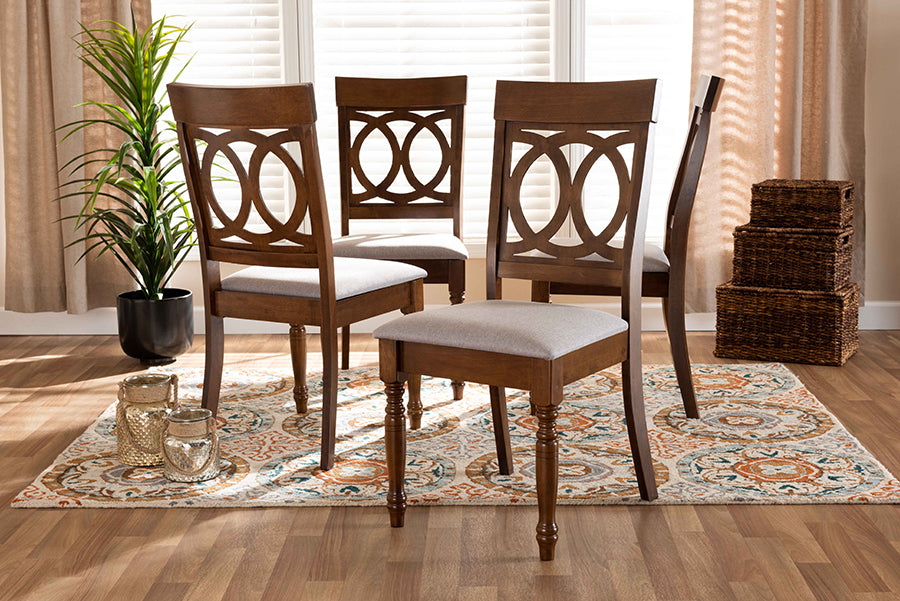Lucie Modern and Contemporary Grey Fabric Upholstered and Walnut Brown Finished Wood 4-Piece Dining Chair Set