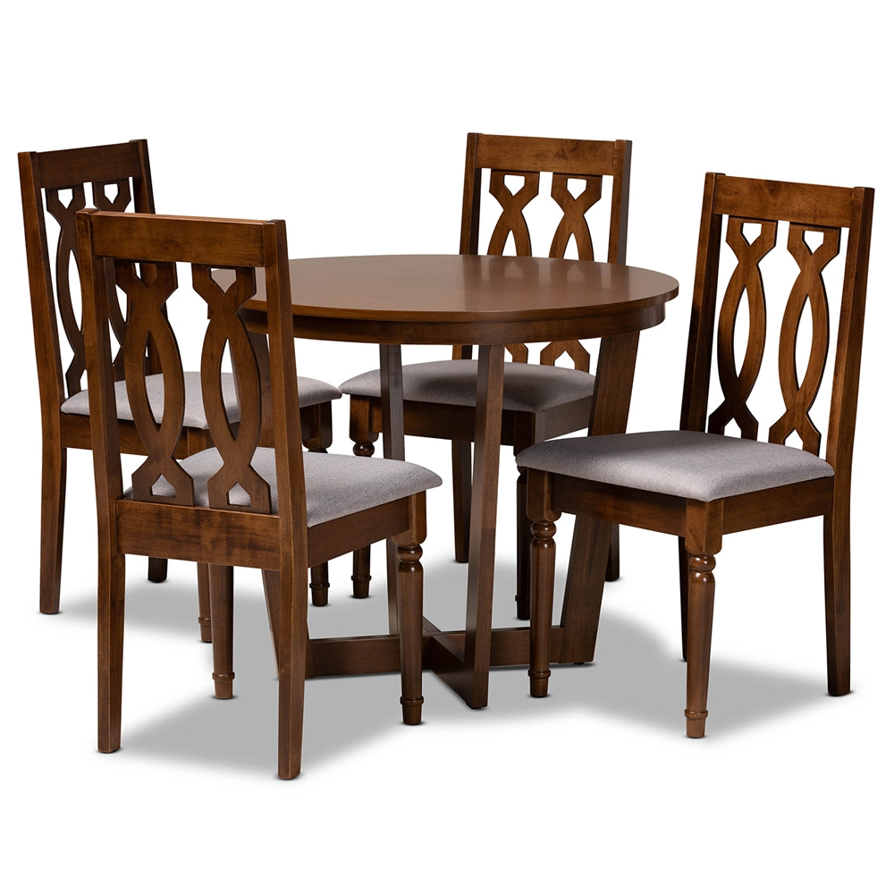 Julie Modern and Contemporary Grey Fabric Upholstered and Walnut Brown Finished Wood 5-Piece Dining Set