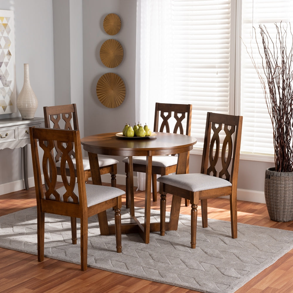 Julie Modern and Contemporary Grey Fabric Upholstered and Walnut Brown Finished Wood 5-Piece Dining Set