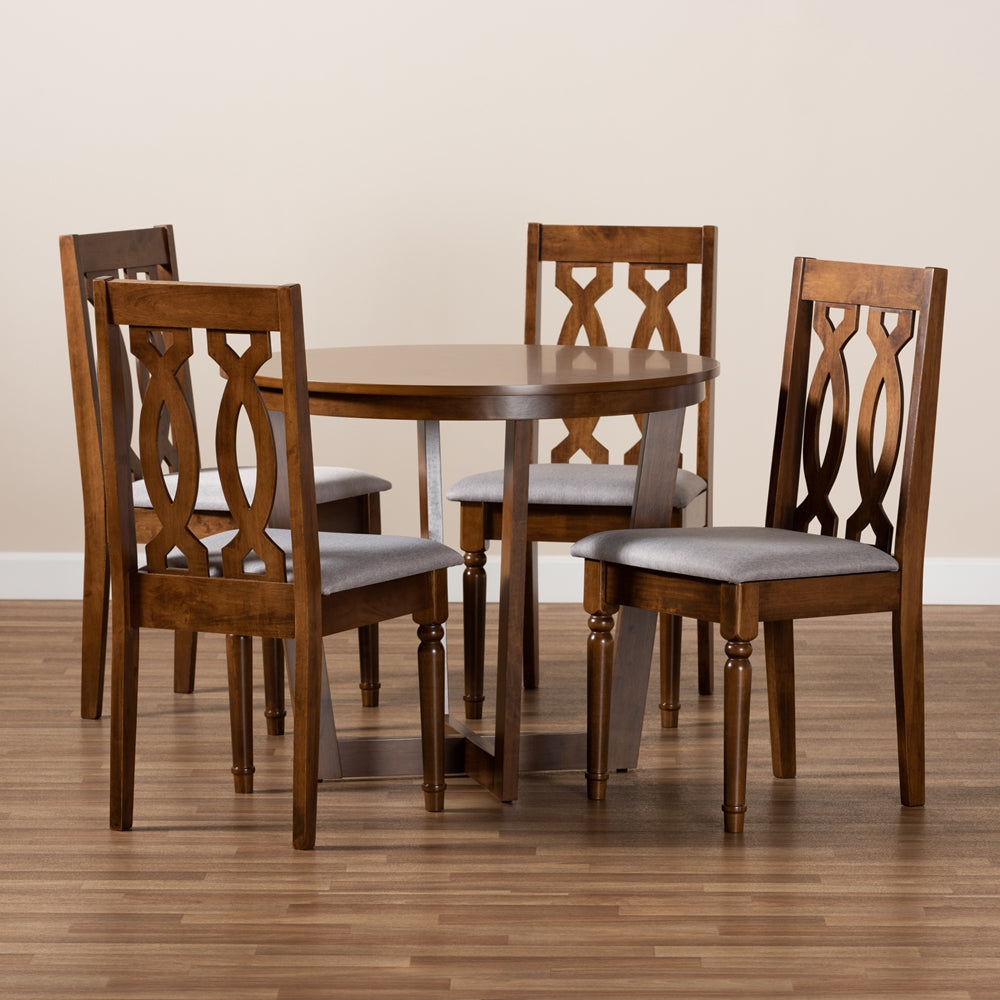 Julie Modern and Contemporary Grey Fabric Upholstered and Walnut Brown Finished Wood 5-Piece Dining Set