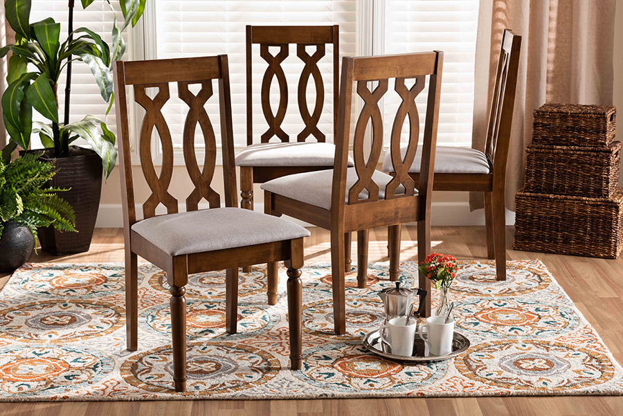 Cherese Modern and Contemporary Grey Fabric Upholstered Walnut Brown Finished 4-Piece Wood Dining Chair Set