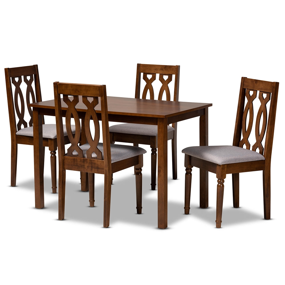 Kasia Modern and Contemporary Grey Fabric Upholstered and Walnut Brown Finished Wood 5-Piece Dining Set