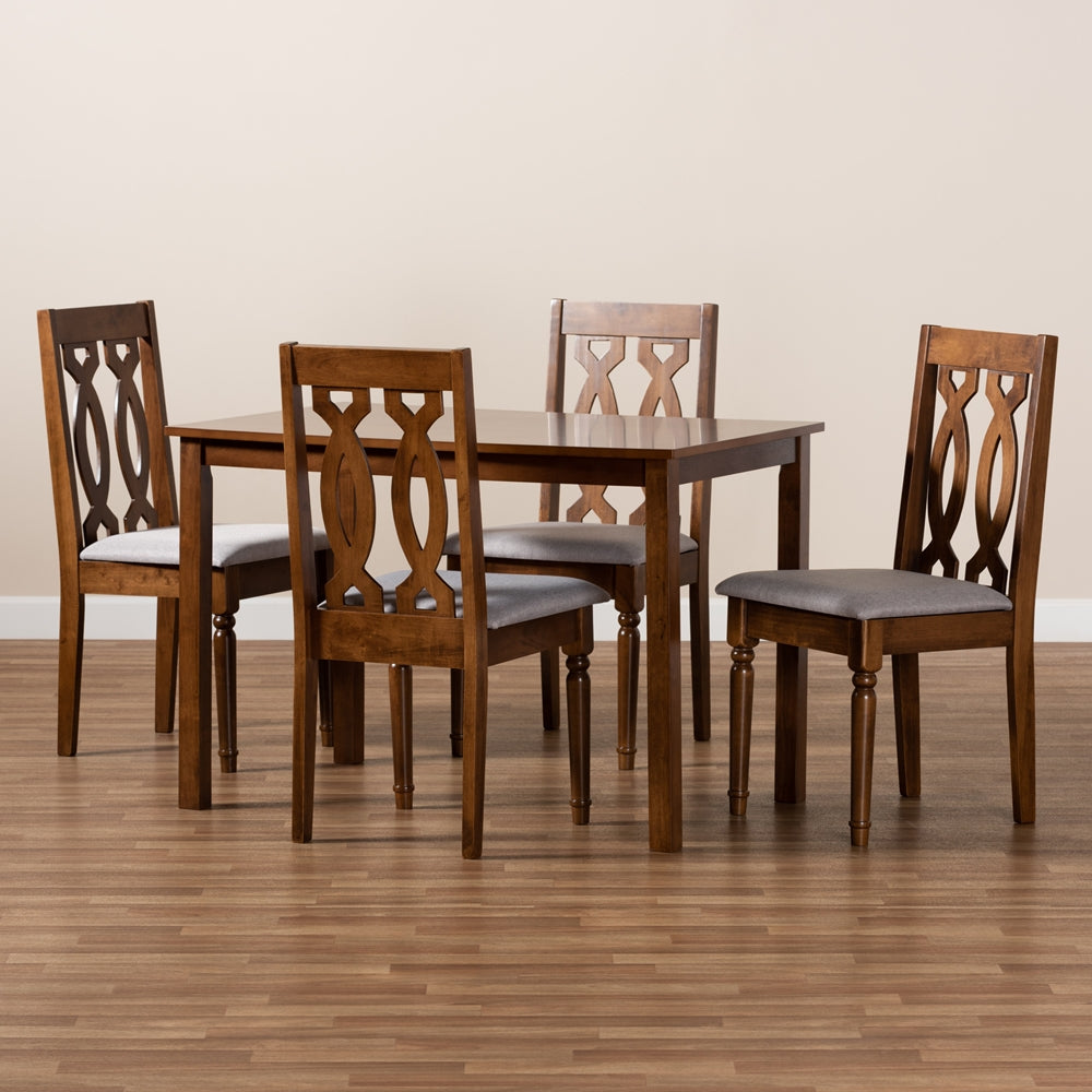Kasia Modern and Contemporary Grey Fabric Upholstered and Walnut Brown Finished Wood 5-Piece Dining Set