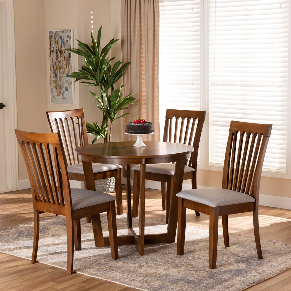 Andi Modern and Contemporary Grey Fabric Upholstered and Walnut Brown Finished Wood 5-Piece Dining Set
