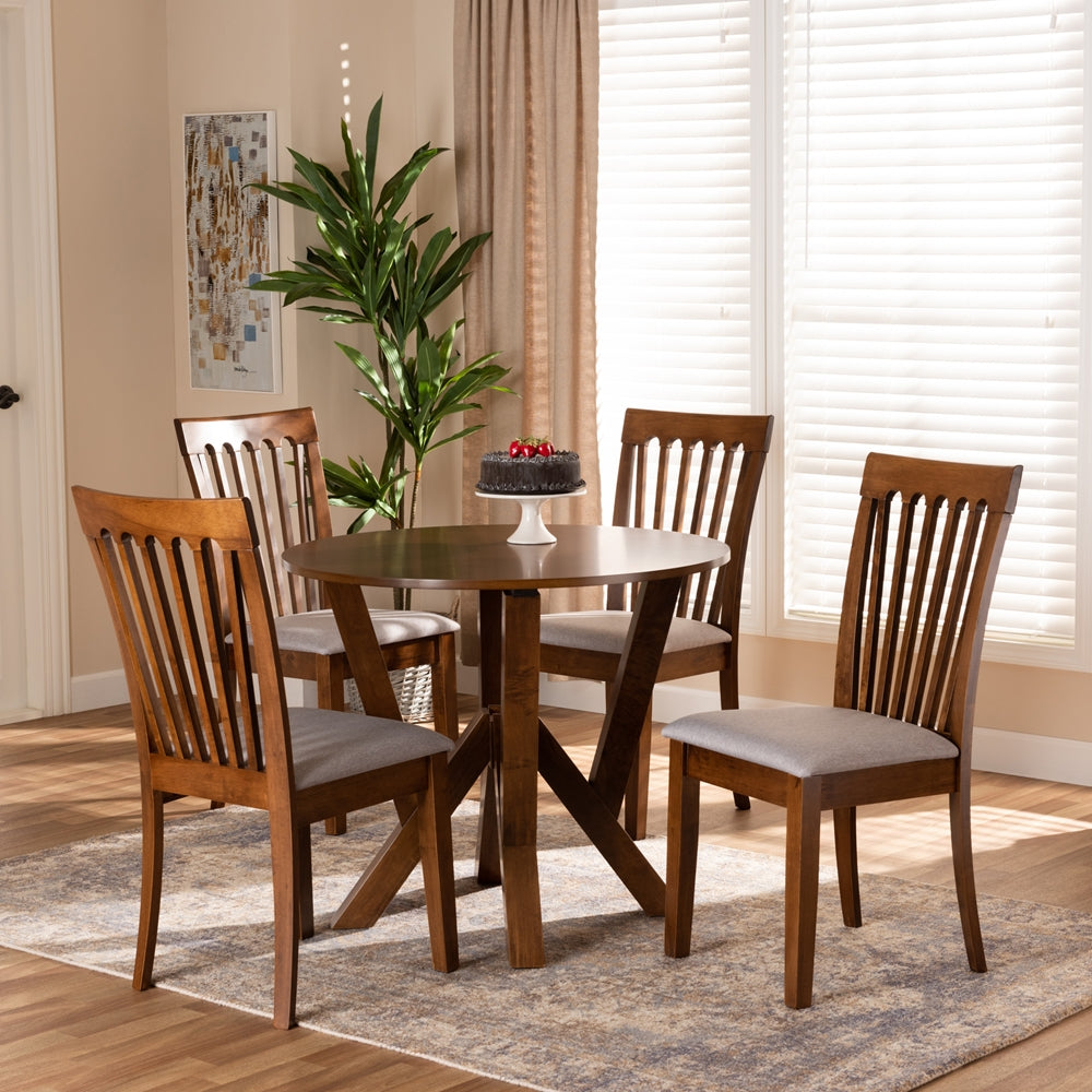 Marian Modern and Contemporary Grey Fabric Upholstered and Walnut Brown Finished Wood 5-Piece Dining Set