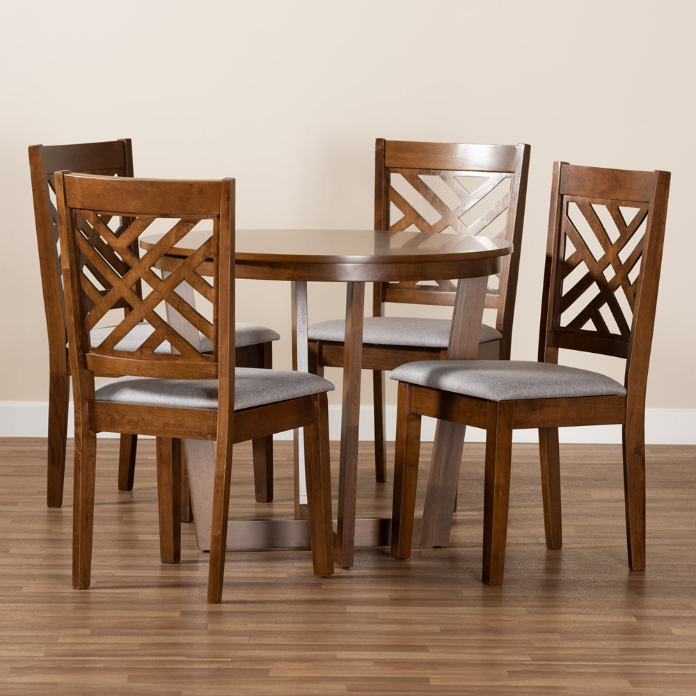 Alena Modern and Contemporary Grey Fabric Upholstered and Walnut Brown Finished Wood 5-Piece Dining Set