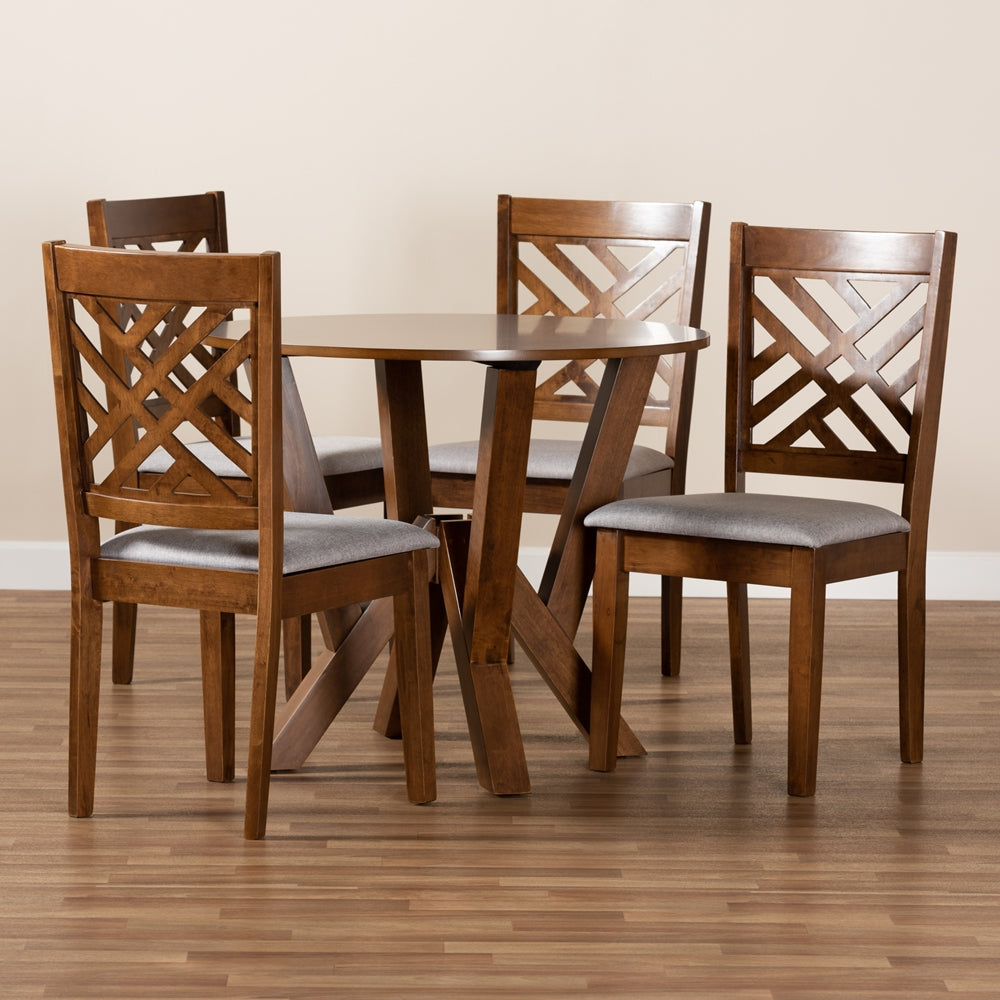 Elise Modern and Contemporary Grey Fabric Upholstered and Walnut Brown Finished Wood 5-Piece Dining Set