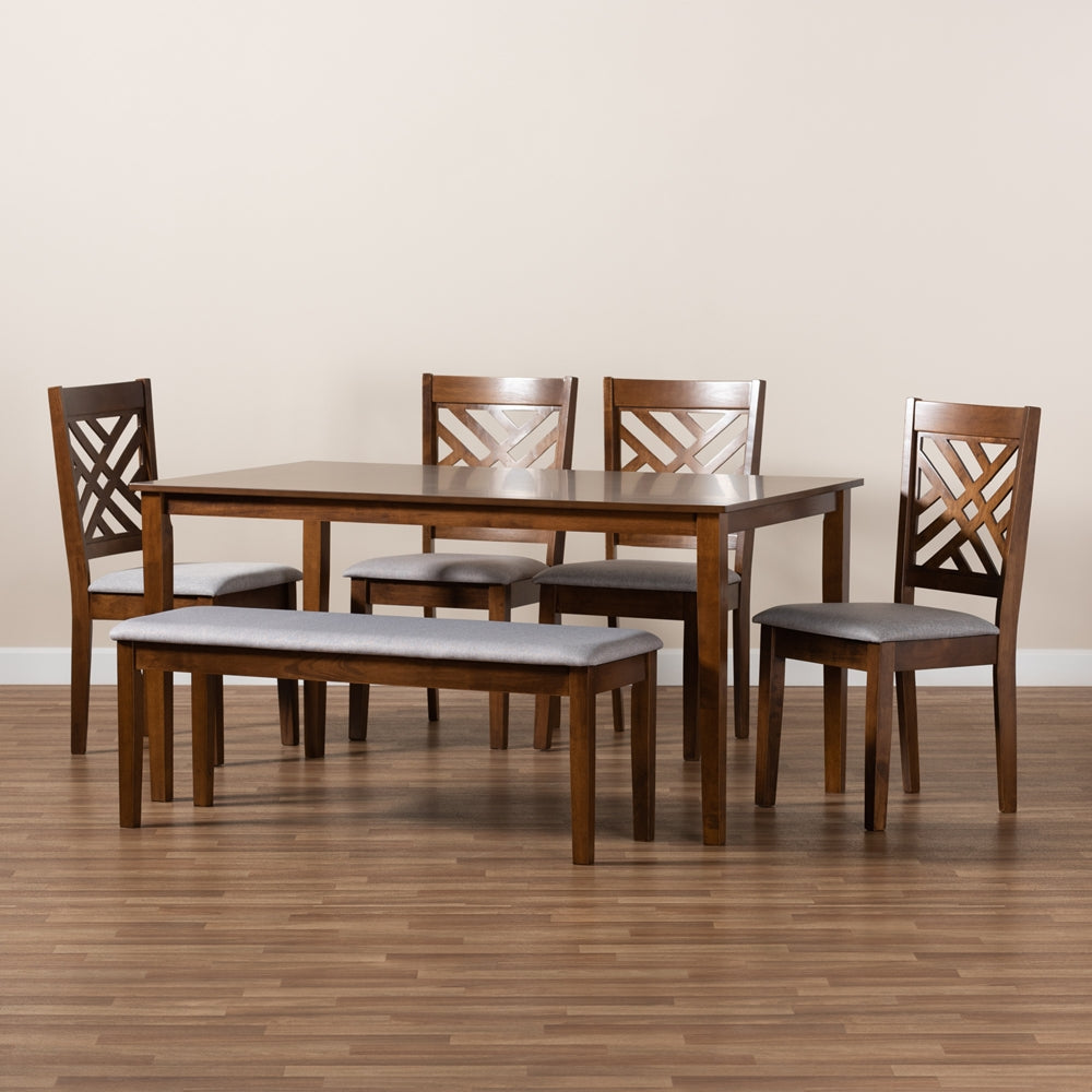 Gustavo Modern and Contemporary Grey Fabric Upholstered and Walnut Brown Finished Wood 6-Piece Dining Set