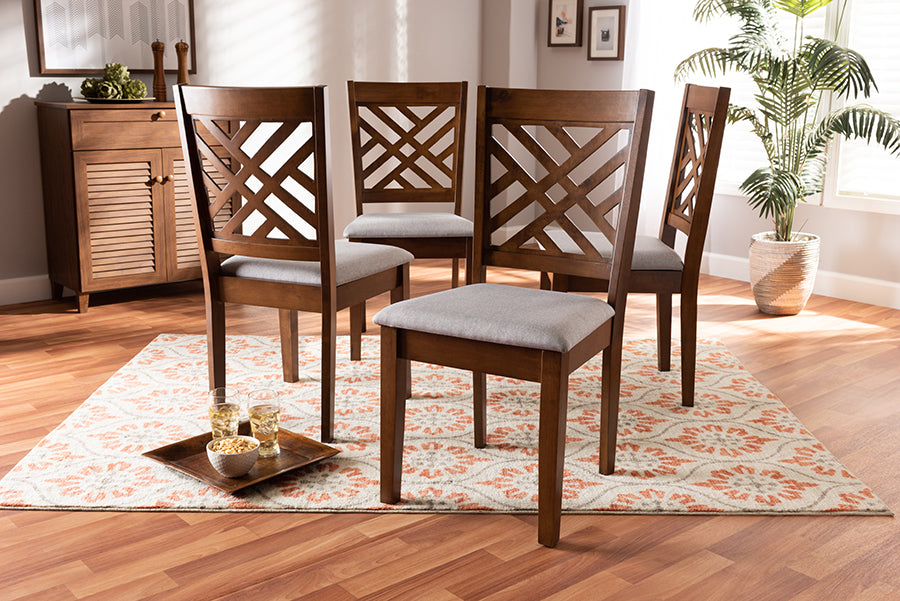 Caron Modern and Contemporary Grey Fabric Upholstered Walnut Brown Finished 4-Piece Wood Dining Chair Set Set