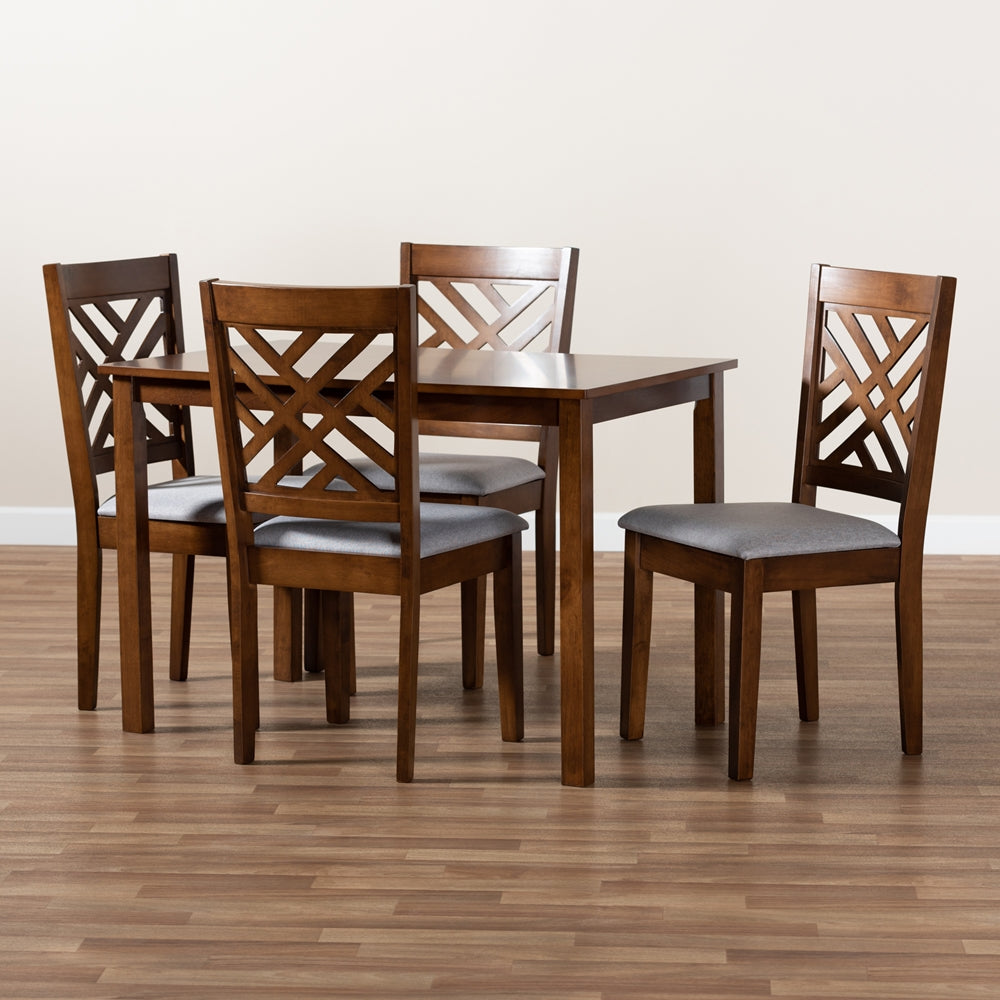 Caron Modern and Contemporary Grey Fabric Upholstered Walnut Brown Finished Wood 5-Piece Dining Set