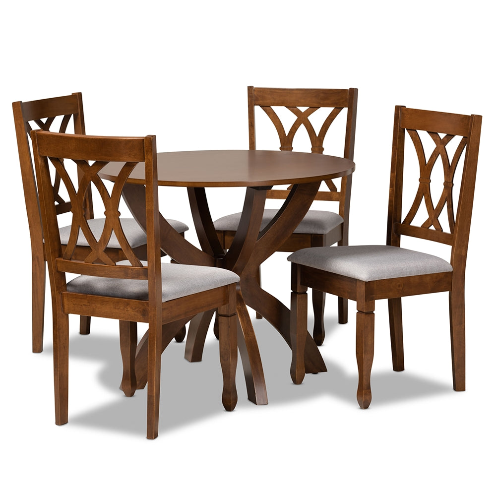April Modern and Contemporary Grey Fabric Upholstered and Walnut Brown Finished Wood 5-Piece Dining Set