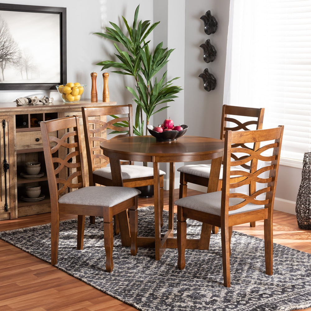 Alicia Modern and Contemporary Grey Fabric Upholstered and Walnut Brown Finished Wood 5-Piece Dining Set
