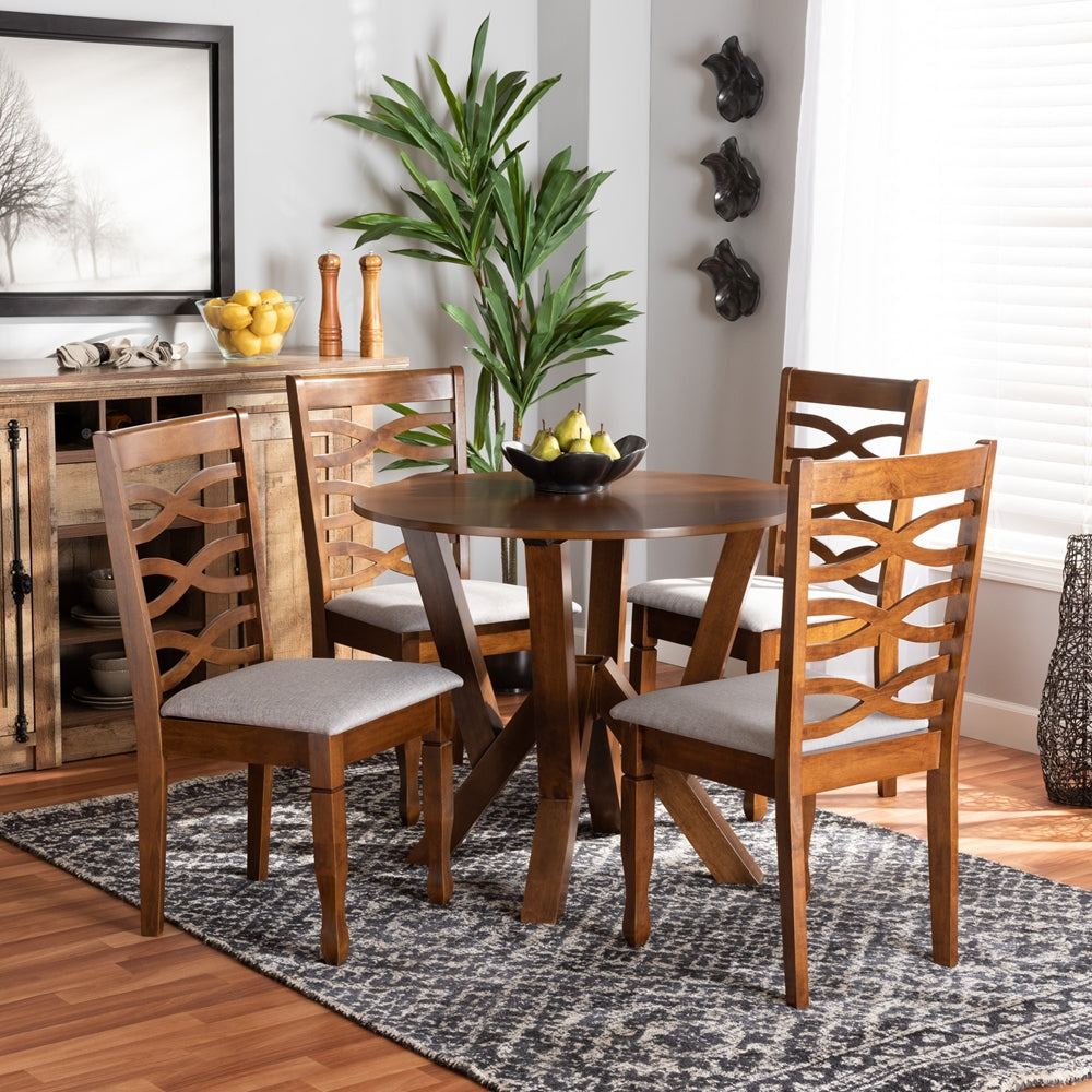 Ariane Modern and Contemporary Grey Fabric Upholstered and Walnut Brown Finished Wood 5-Piece Dining Set