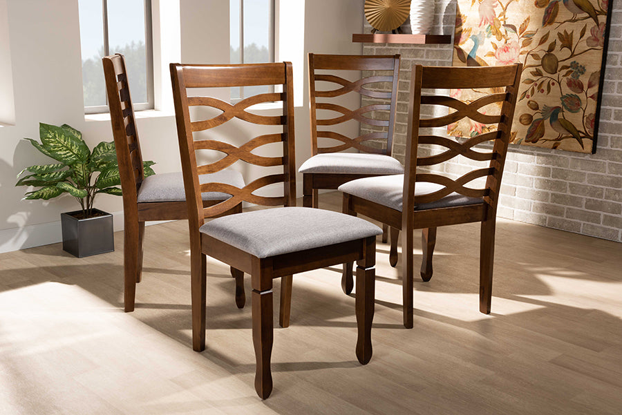 Elijah Modern and Contemporary Grey Fabric Upholstered and Walnut Brown Finished Wood 4-Piece Dining Chair Set