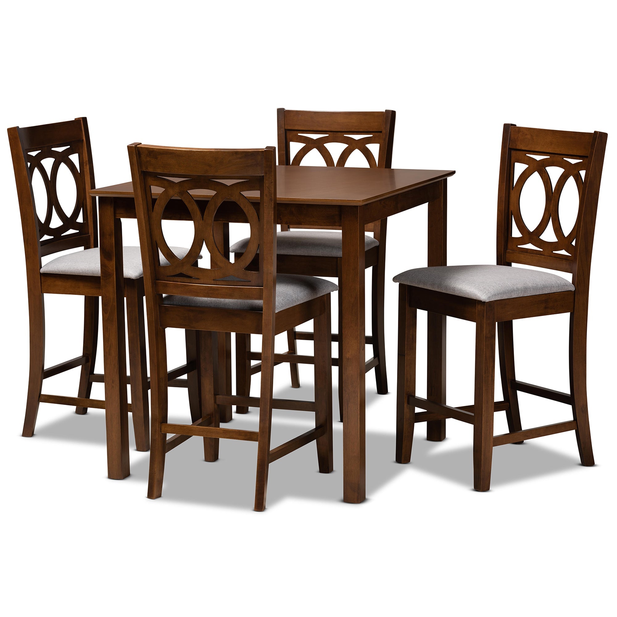 Lenoir Modern and Contemporary Grey Fabric Upholstered Walnut Brown Finished 5-Piece Wood Pub Set
