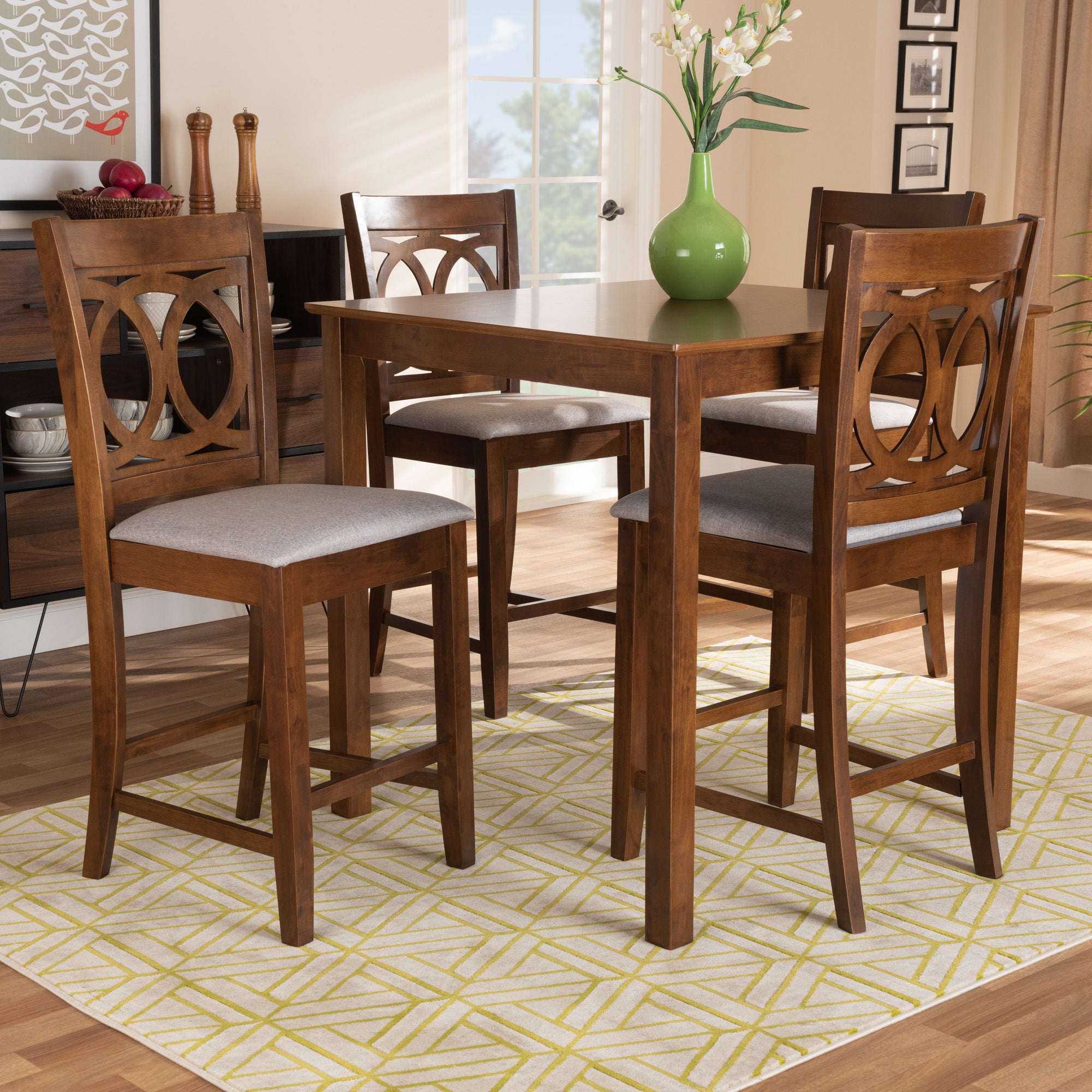 Lenoir Modern and Contemporary Grey Fabric Upholstered Walnut Brown Finished 5-Piece Wood Pub Set