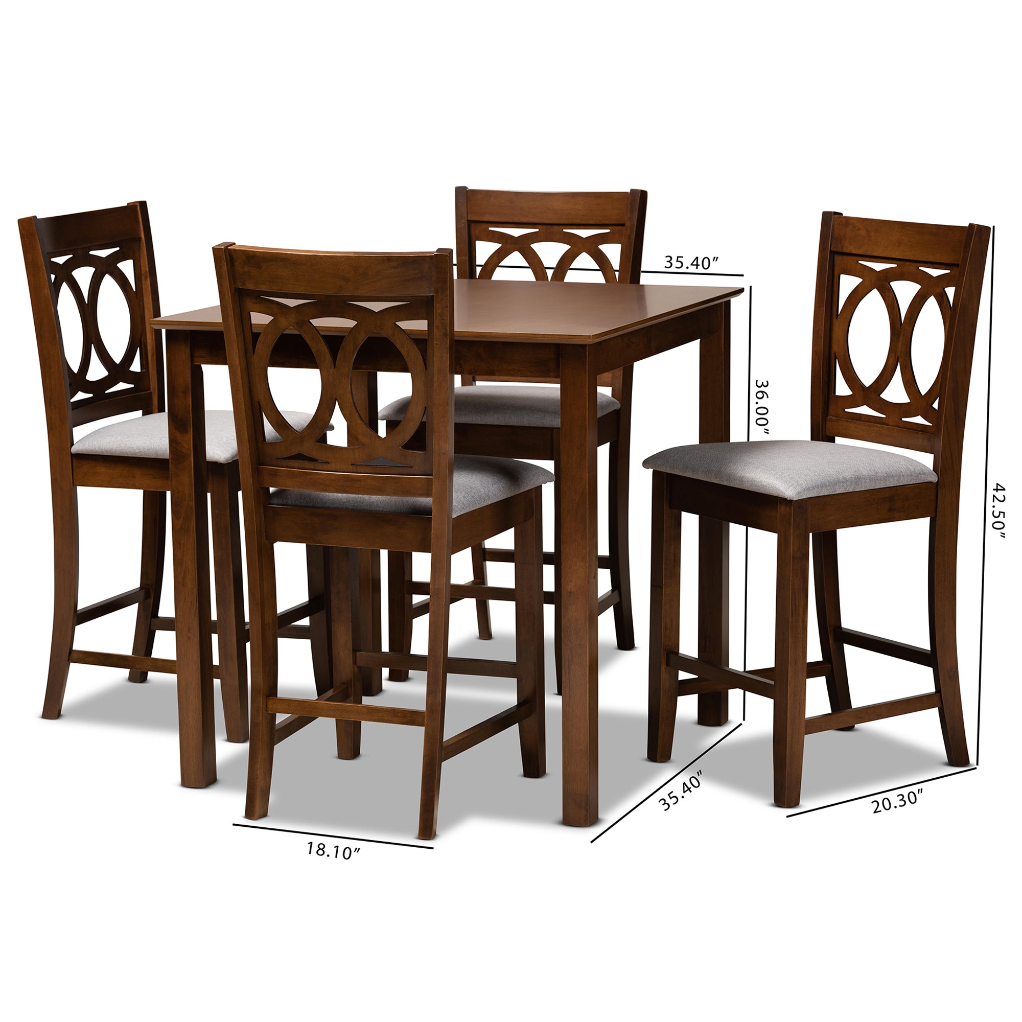 Lenoir Modern and Contemporary Grey Fabric Upholstered Walnut Brown Finished 5-Piece Wood Pub Set