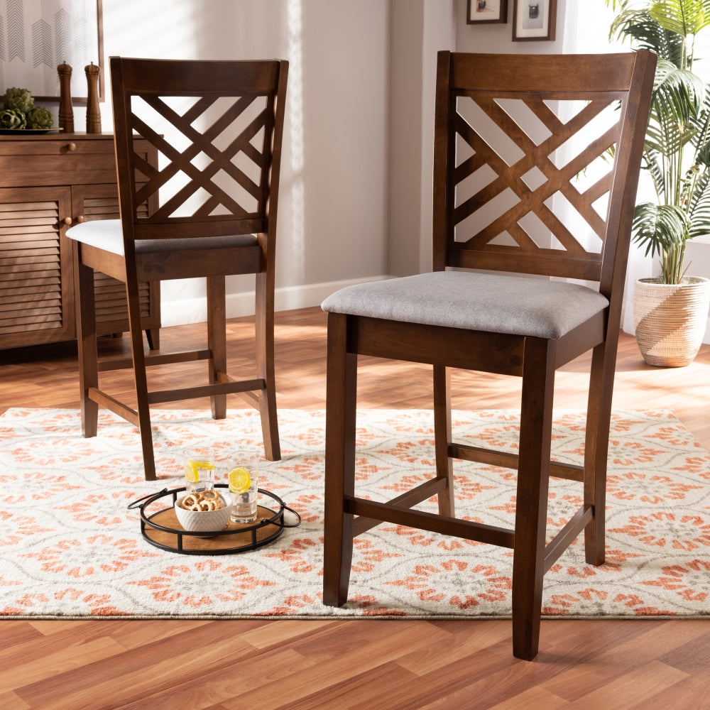 Caron Modern and Contemporary Grey Fabric Upholstered Walnut Brown Finished 2-Piece Wood Counter Height Pub Chair Set Set