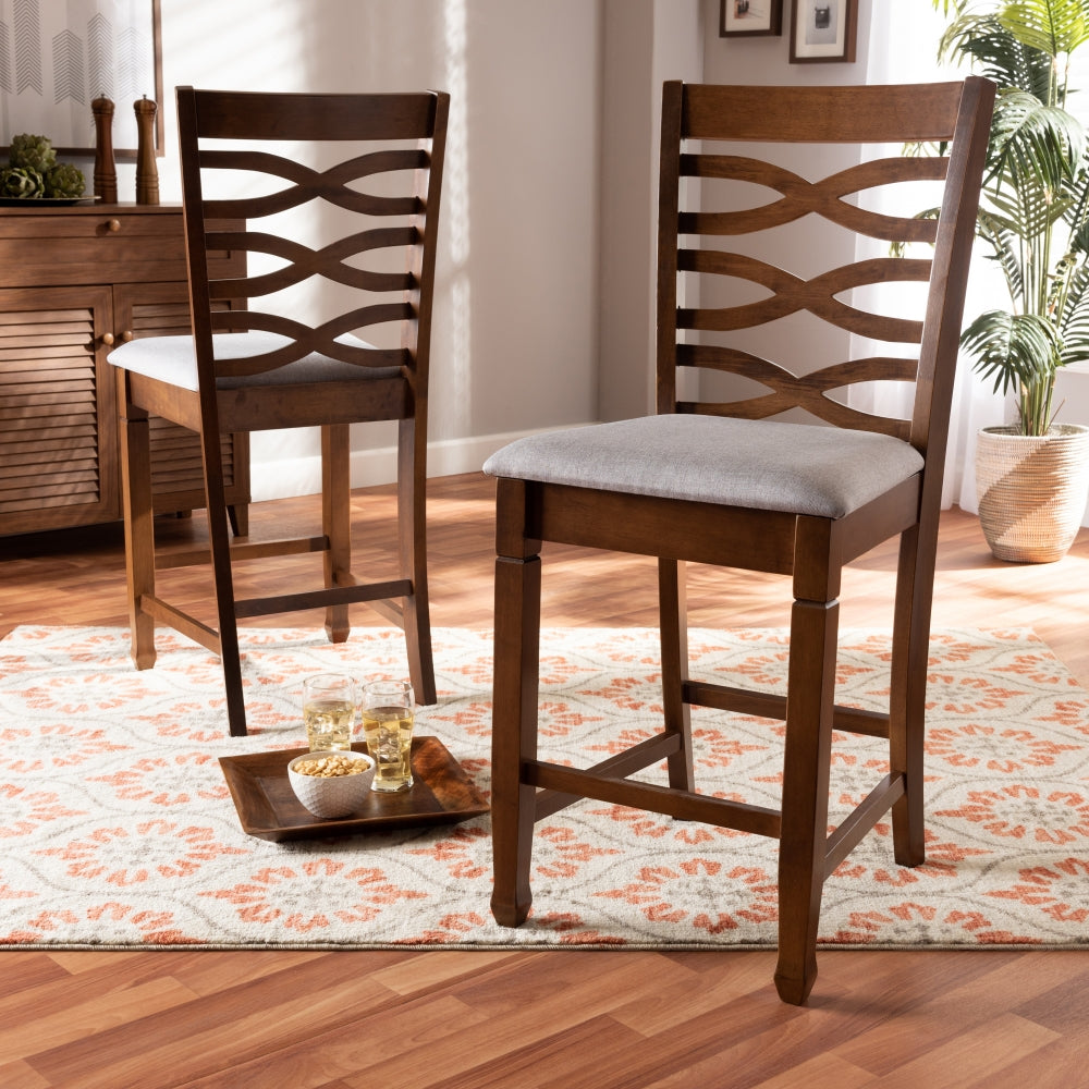 Lanier Modern and Contemporary Grey Fabric Upholstered Walnut Brown Finished 2-Piece Wood Counter Height Pub Chair Set Set