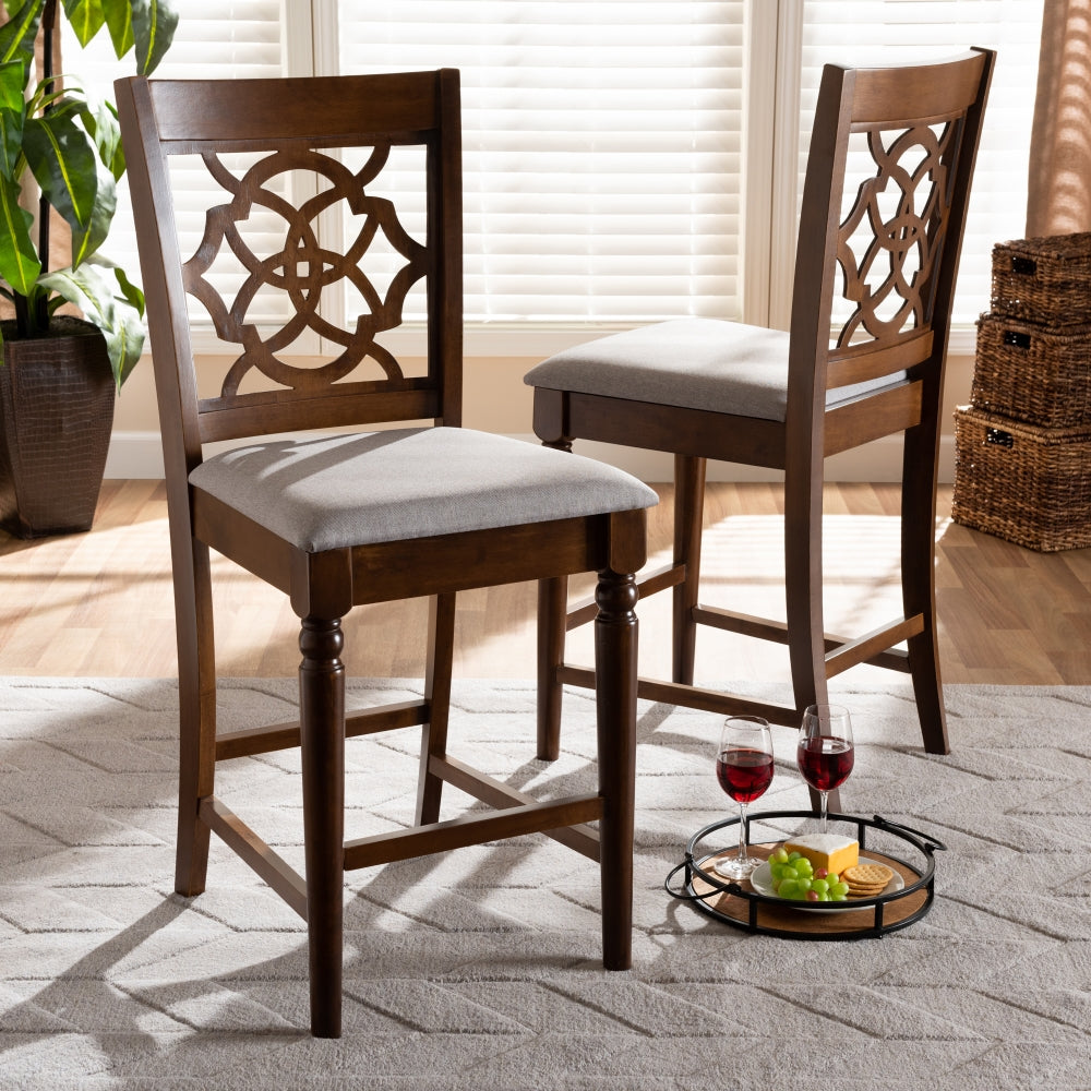 Oscar Modern and Contemporary Grey Fabric Upholstered and Walnut Brown Finished Wood 2-Piece Counter Height Pub Chair Set