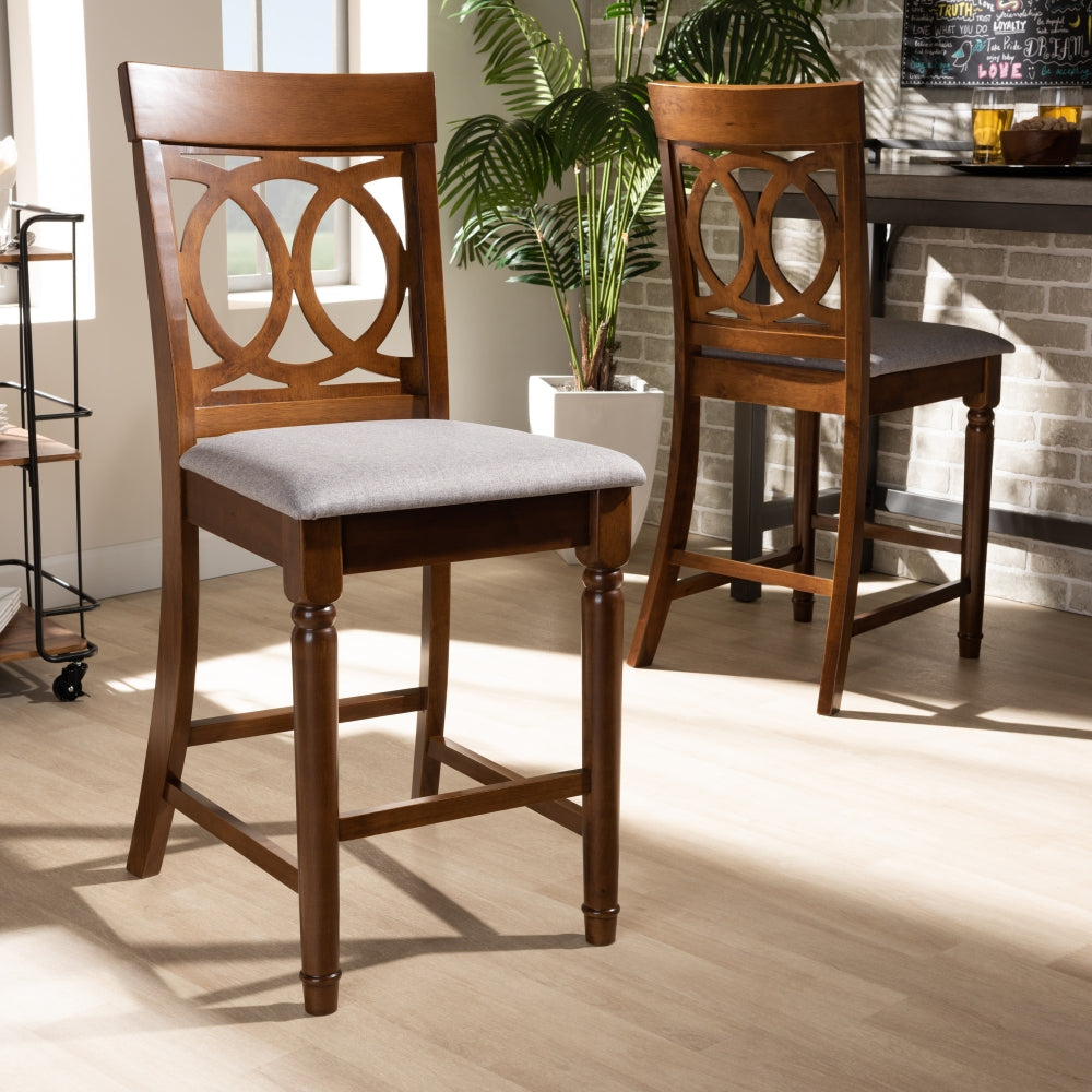 Violet Modern and Contemporary Grey Fabric Upholstered and Walnut Brown Finished Wood 2-Piece Counter Height Pub Chair Set