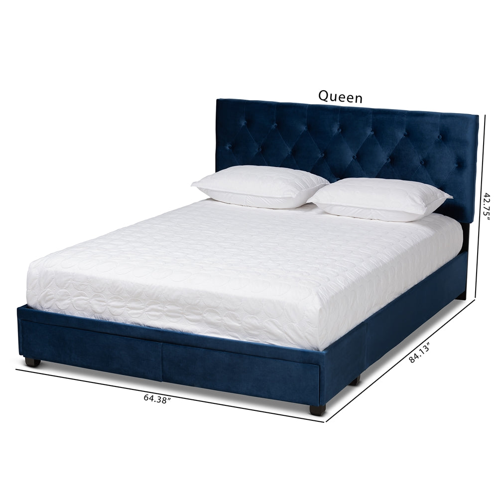 Caronia Modern and Contemporary Navy Blue Velvet Fabric Upholstered 2-Drawer Queen Size Platform Storage Bed