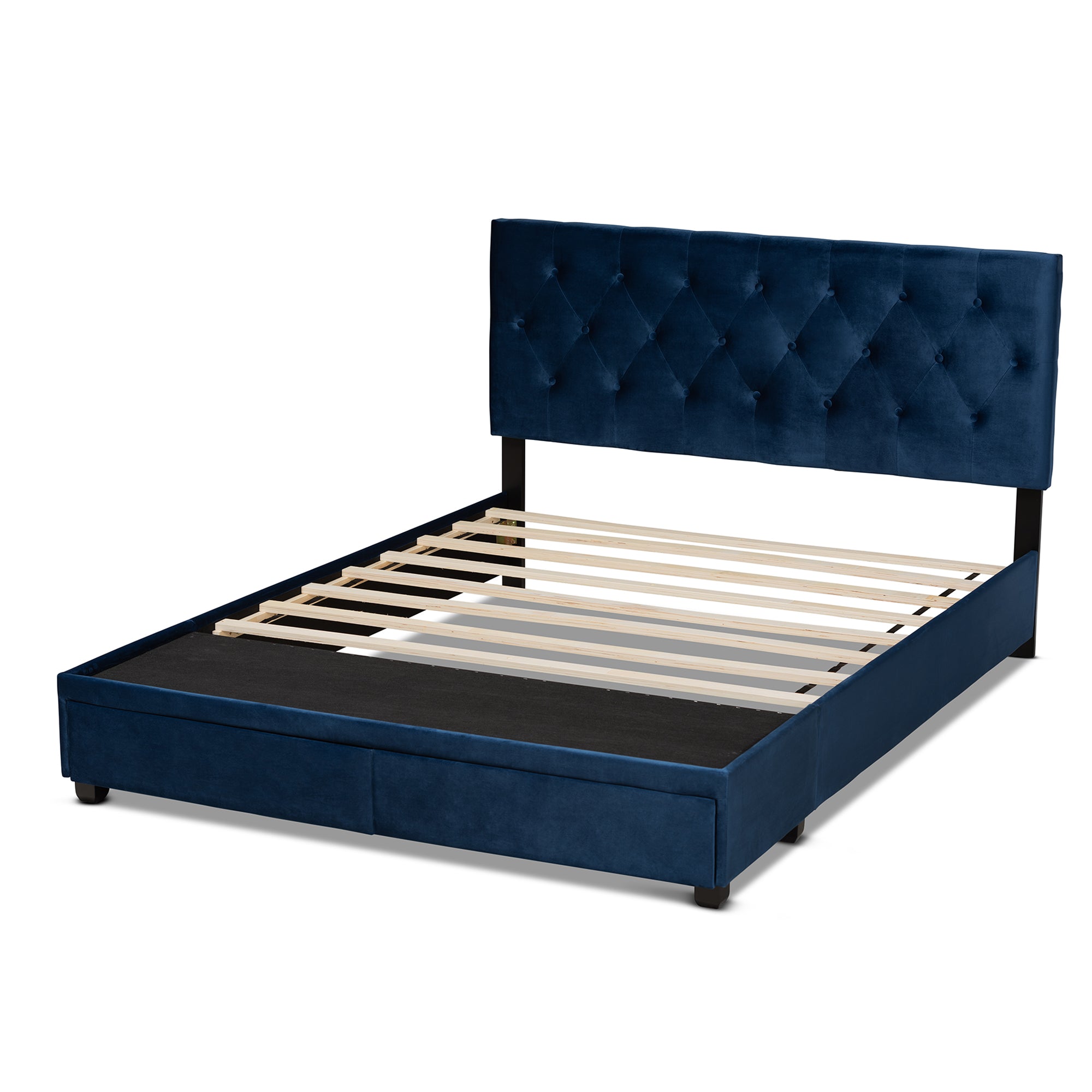 Caronia Modern and Contemporary Navy Blue Velvet Fabric Upholstered 2-Drawer Queen Size Platform Storage Bed