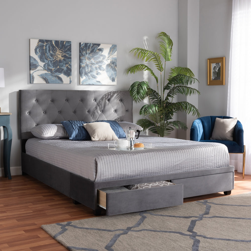 Caronia Grey Velvet Upholstered 2-Drawer Queen Size Platform Storage Bed