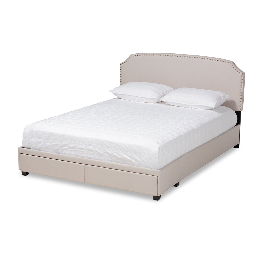 Larese Beige Fabric Upholstered 2-Drawer Queen Size Platform Storage Bed