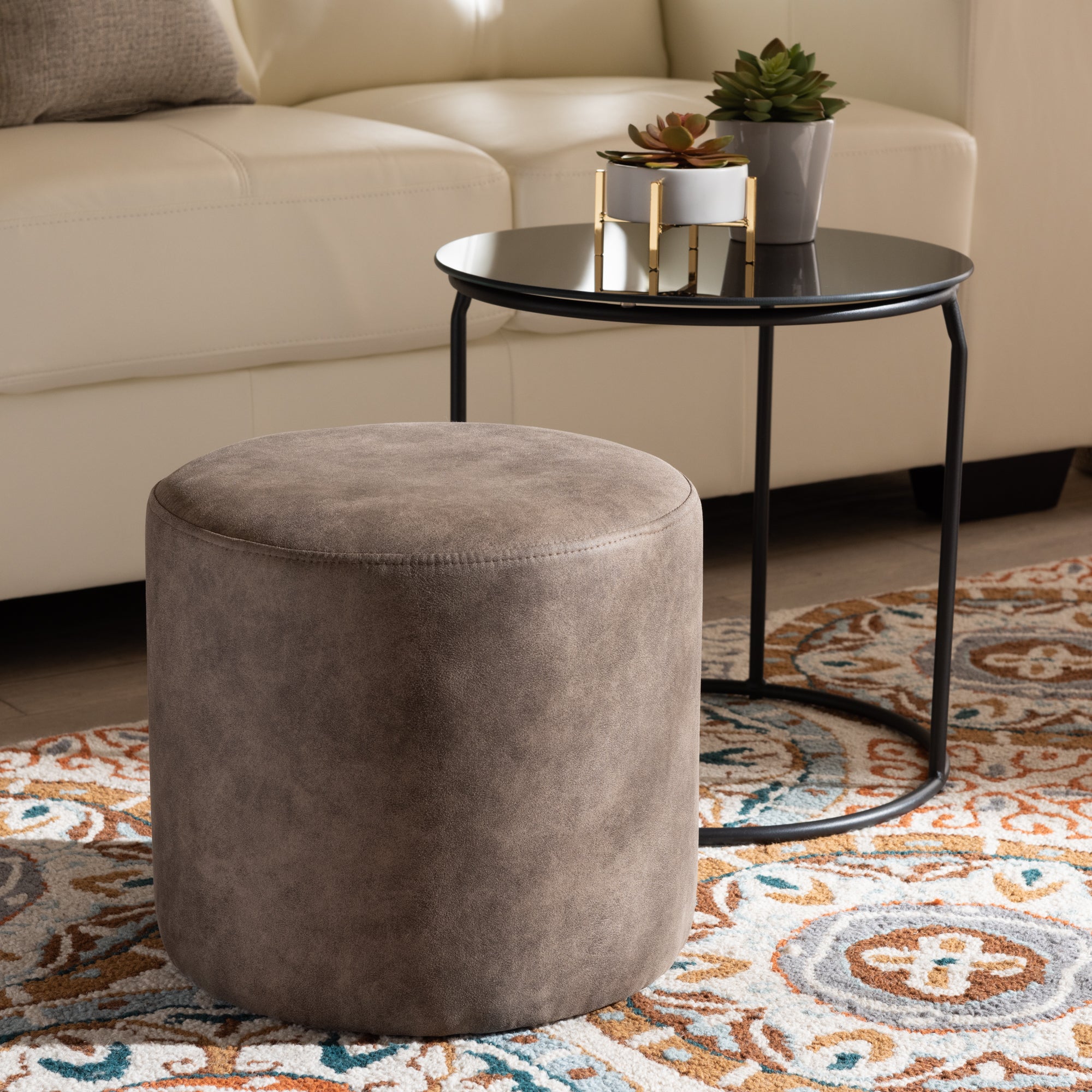 Kira Modern and Contemporary Black with Grey and Brown 2-Piece Nesting Table and Ottoman Set
