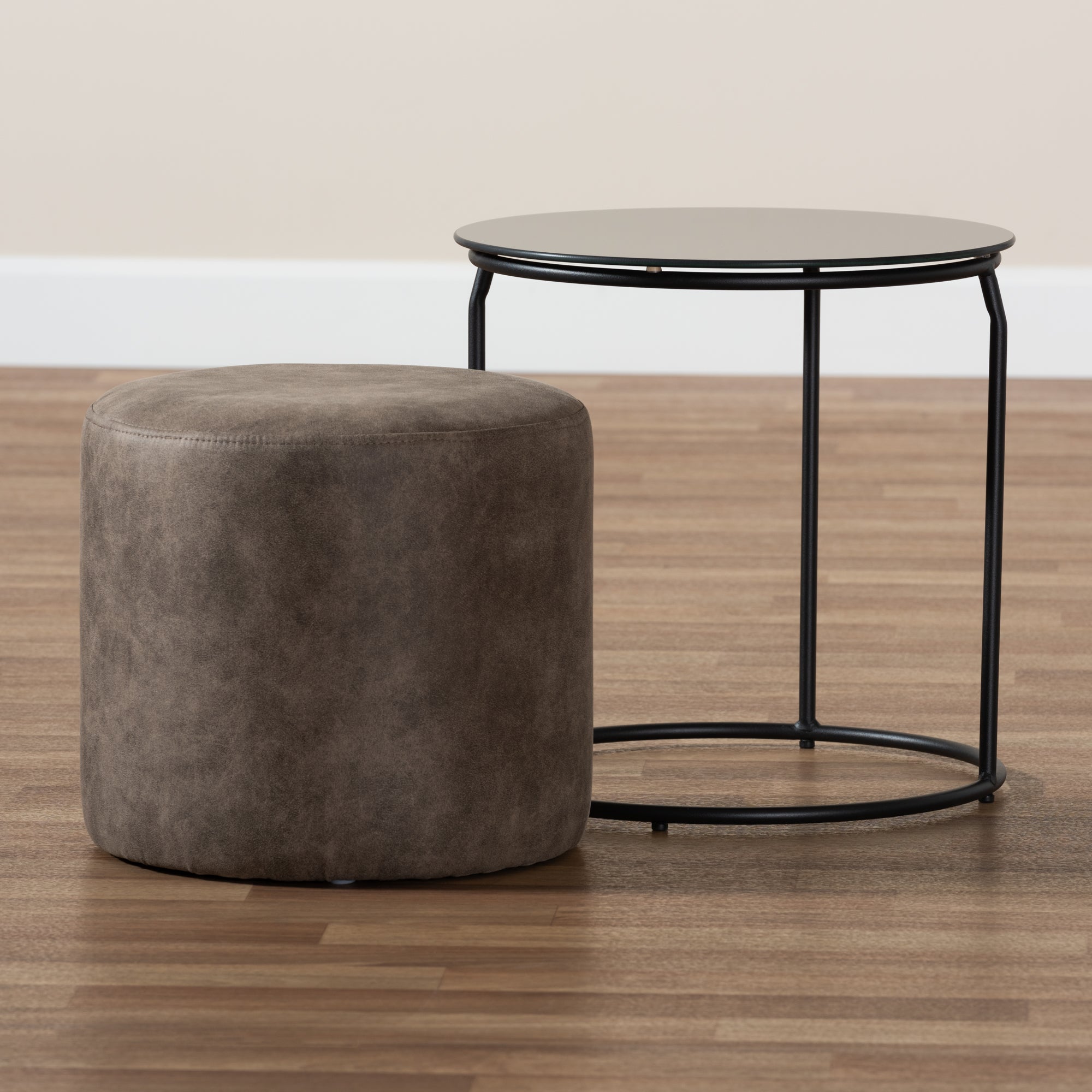 Kira Modern and Contemporary Black with Grey and Brown 2-Piece Nesting Table and Ottoman Set