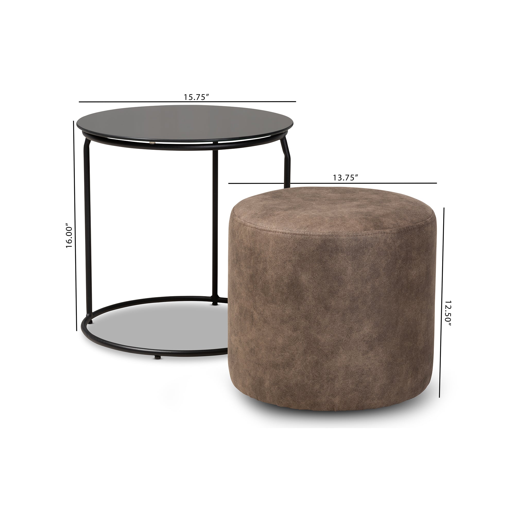 Kira Modern and Contemporary Black with Grey and Brown 2-Piece Nesting Table and Ottoman Set