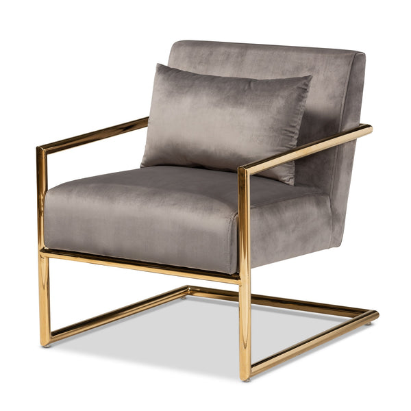 Mira Grey Velvet Fabric Upholstered Gold Finished Metal Lounge Chair