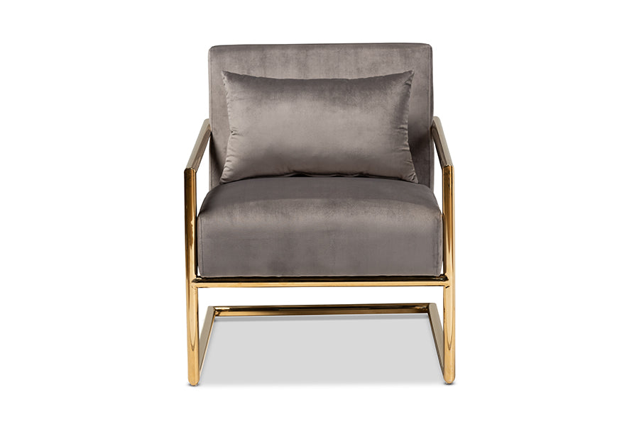 Mira Grey Velvet Fabric Upholstered Gold Finished Metal Lounge Chair