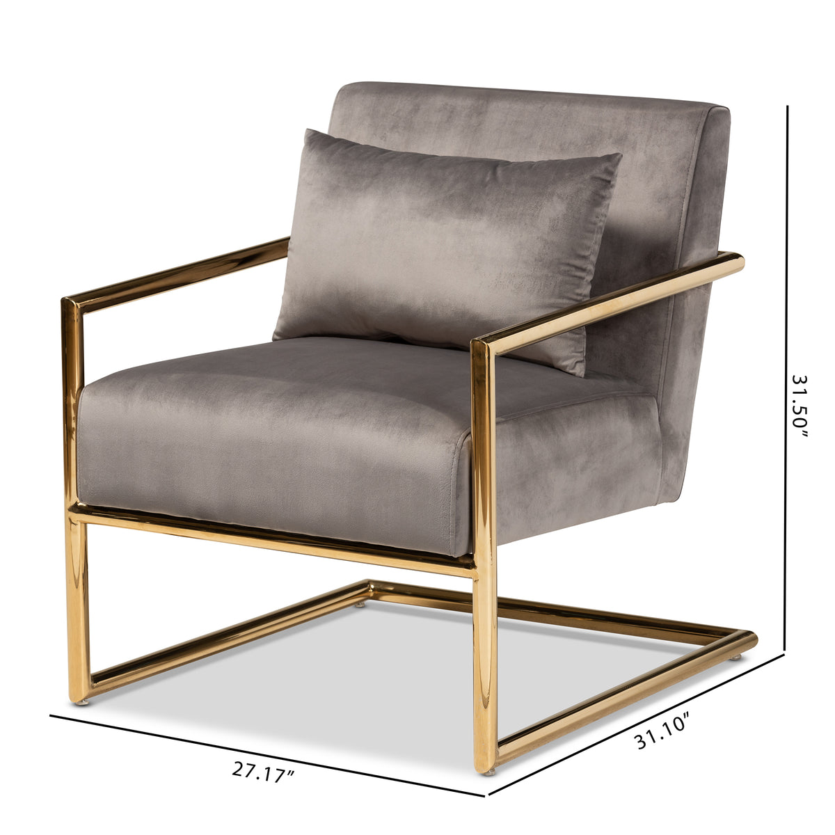 Mira Grey Velvet Fabric Upholstered Gold Finished Metal Lounge Chair